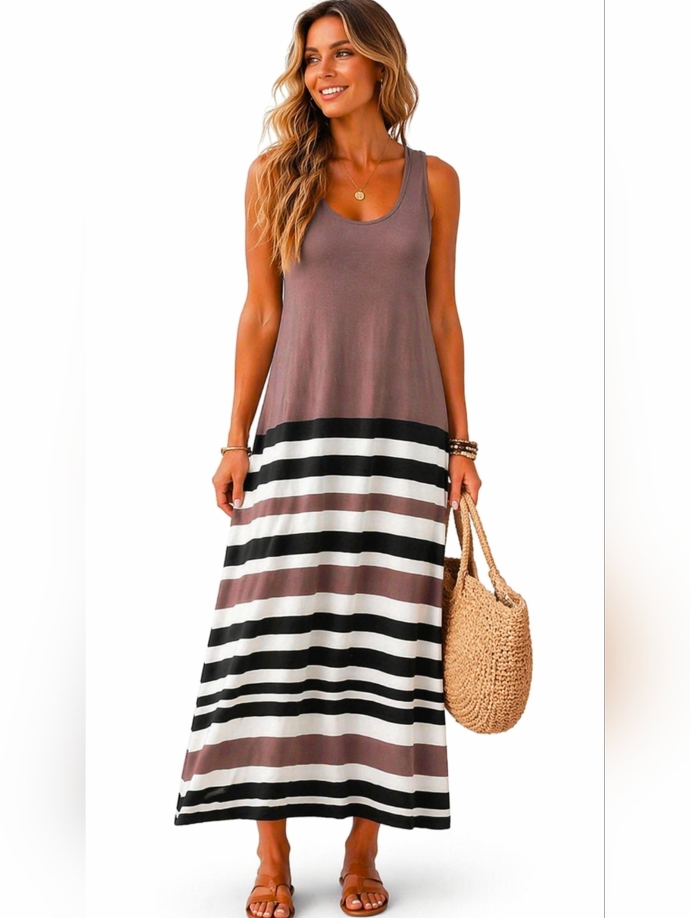 Bar III Tank Maxi dress with stripes, Taupe, Black and White, Size M